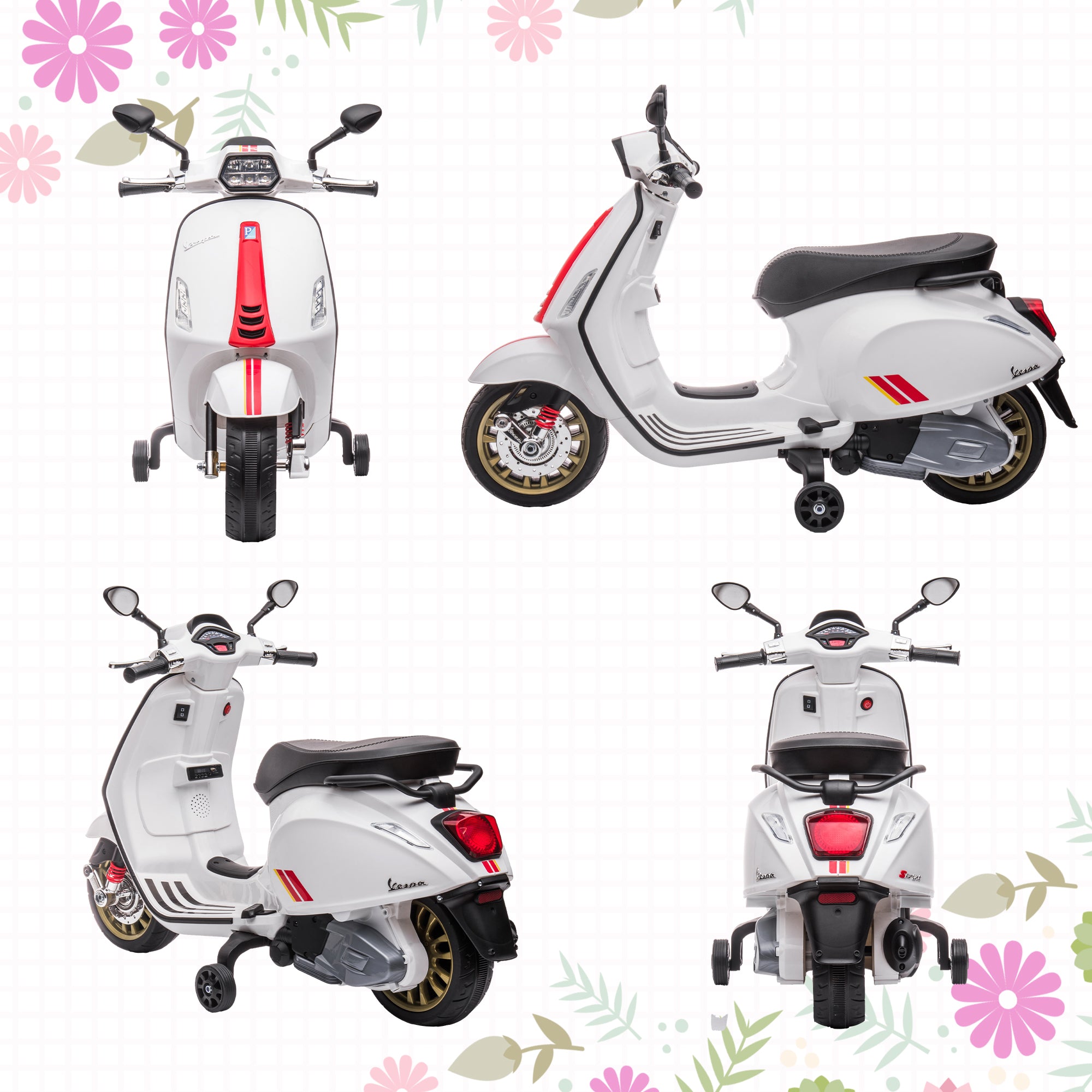 AIYAPLAY 12V Vespa Licensed Kids Electric Scooter Motorbike with Music, Headlights, FM Radio, for 3-6 Years in White-6