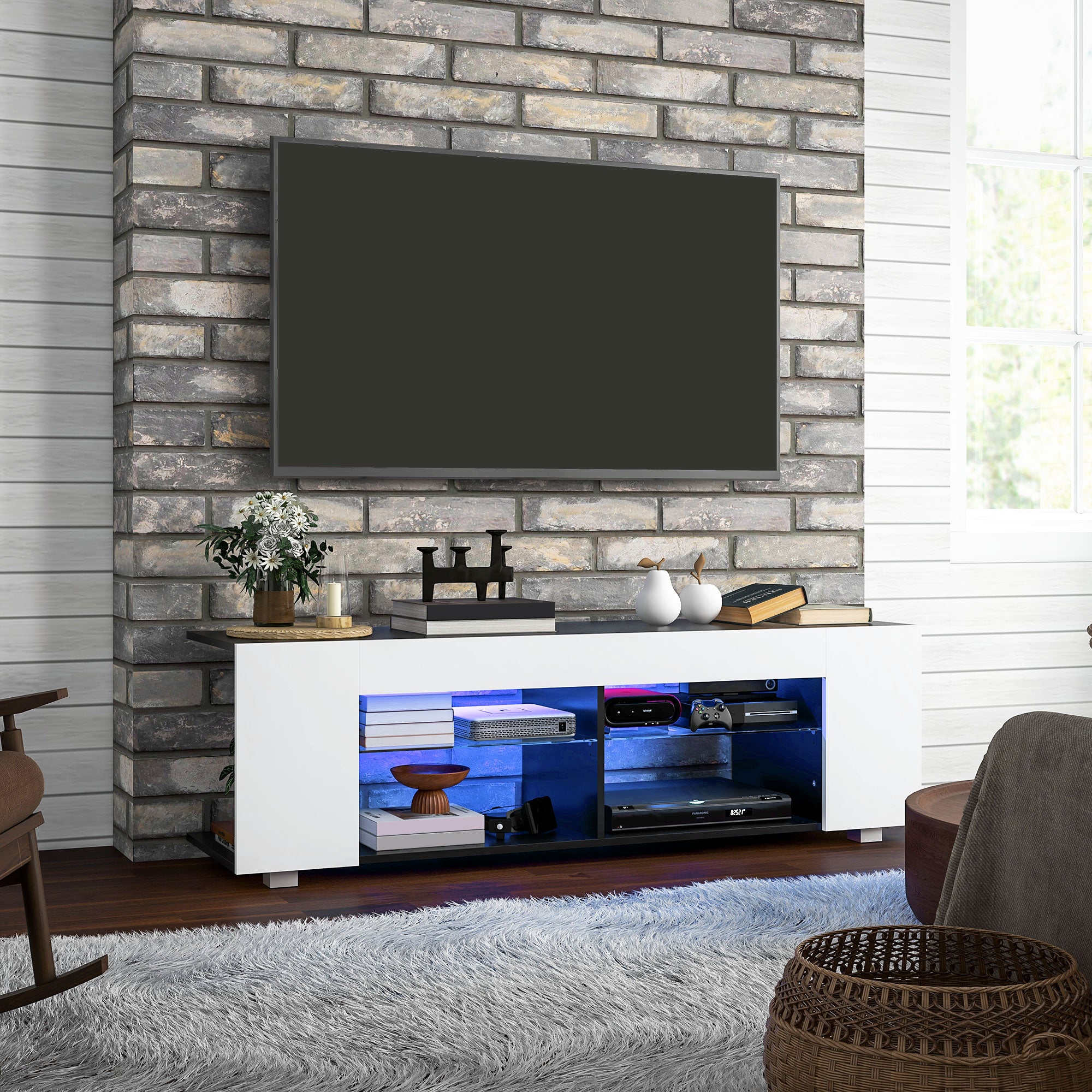 HOMCOM TV Stand, 145cm Modern TV Unit with Glass Shelves, RGB LED Light for 32 40 43 50 52 55 60 inch 4k TV in White-8