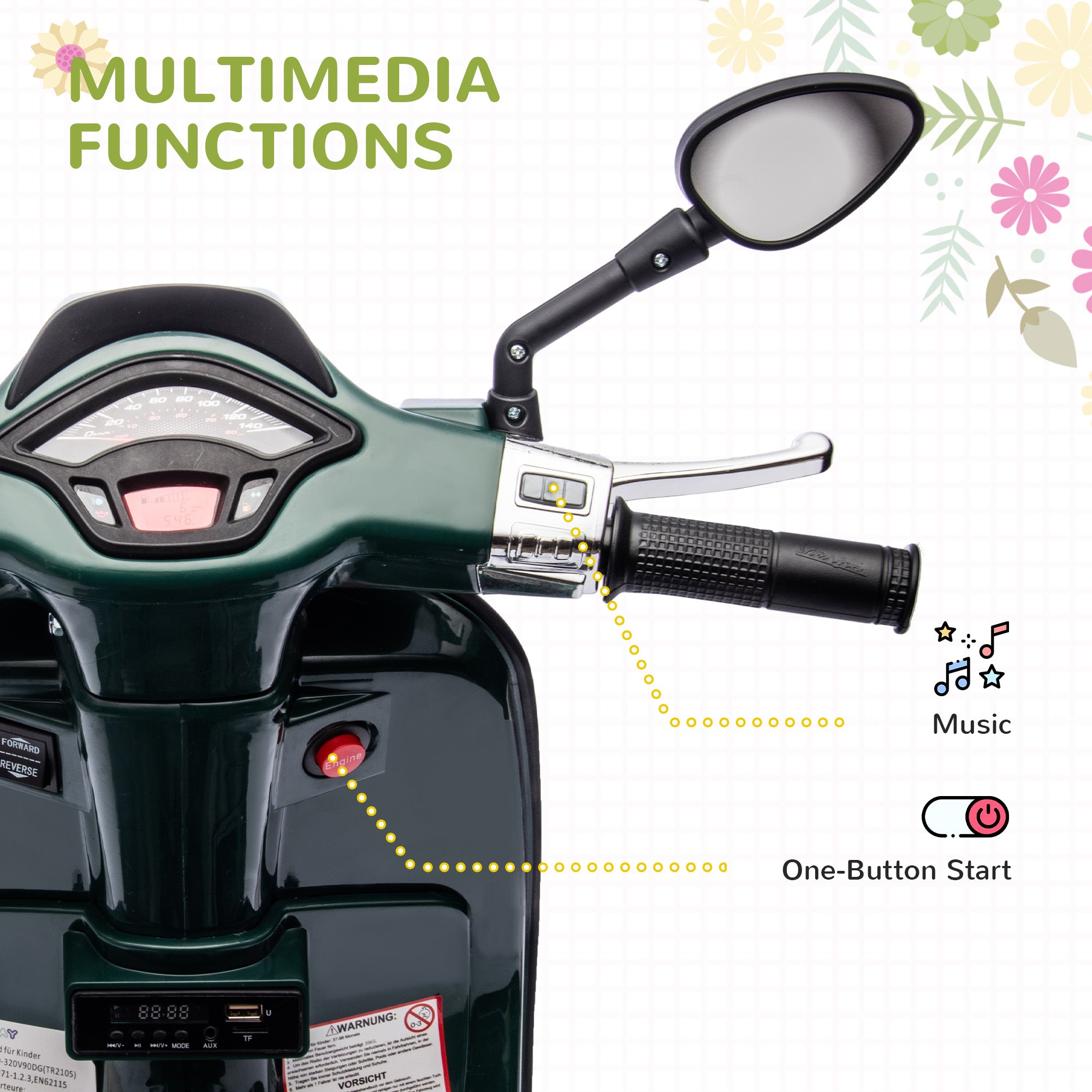 AIYAPLAY 12V Vespa Licensed Kids Electric Scooter Motorbike with Music, Headlights, FM Radio, for 3-6 Years in Green-3