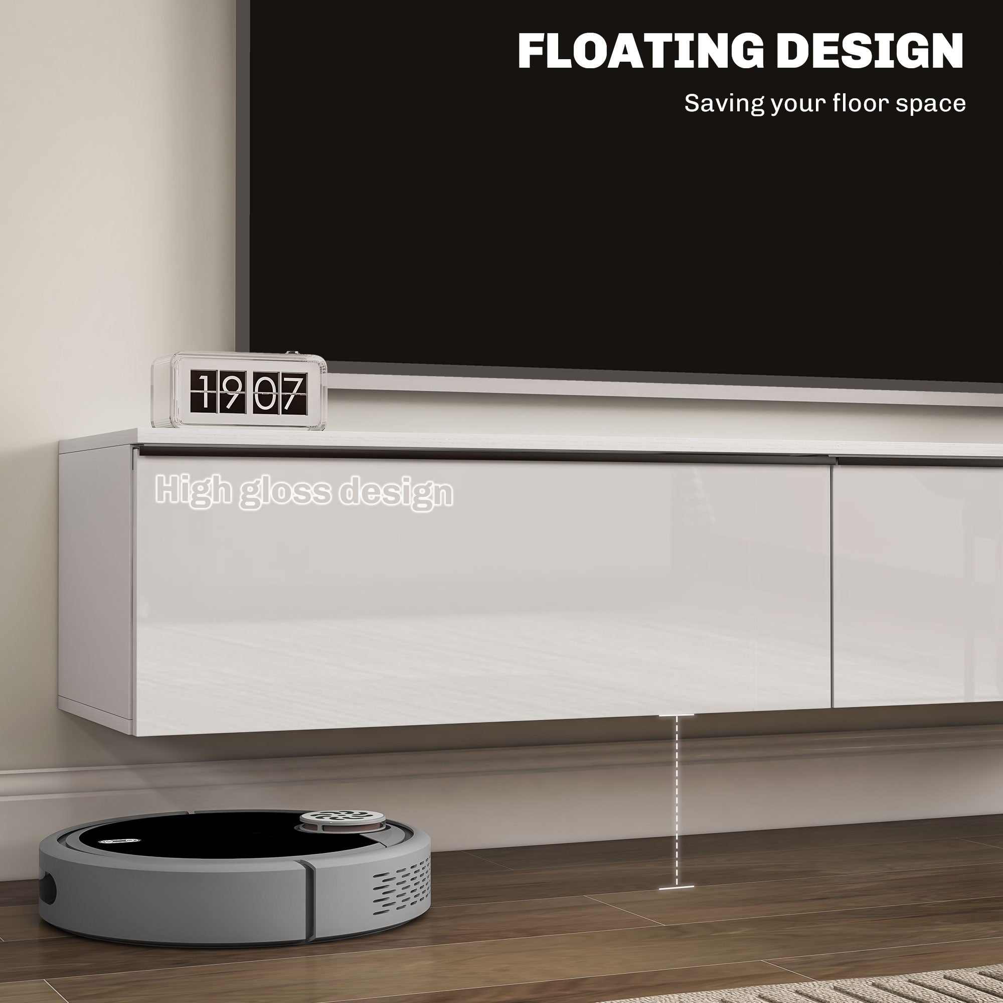 160cm High Gloss Floating TV Unit Stand for TVs up to 70", Wall Mounted TV Cabinet with Storage Cupboards in White by HOMCOM-2