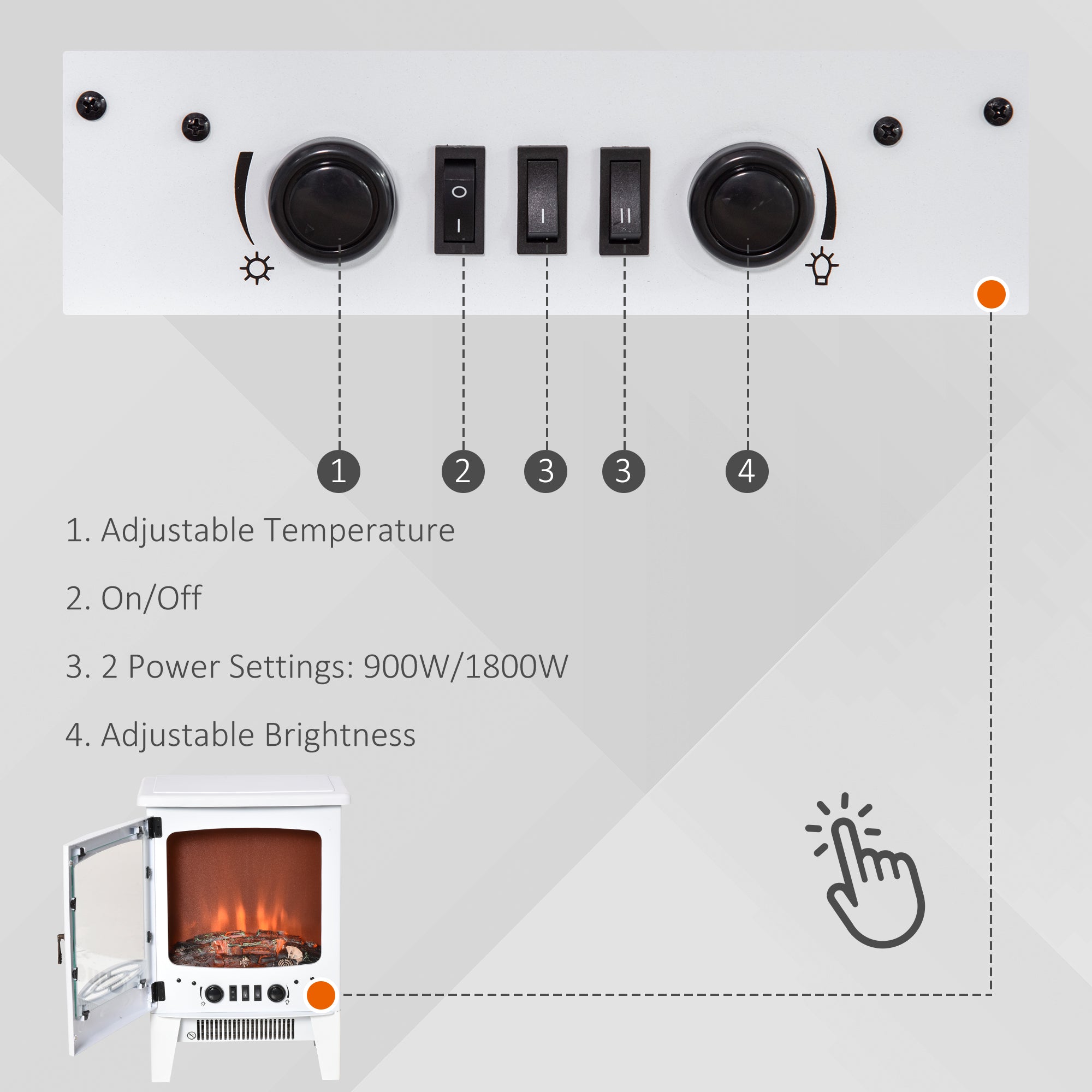 HOMCOM Electric Fireplace Stove, Free standing Fireplace Heater with Realistic Flame Effect, Overheat Safety Protection, 900W/1800W, White-3