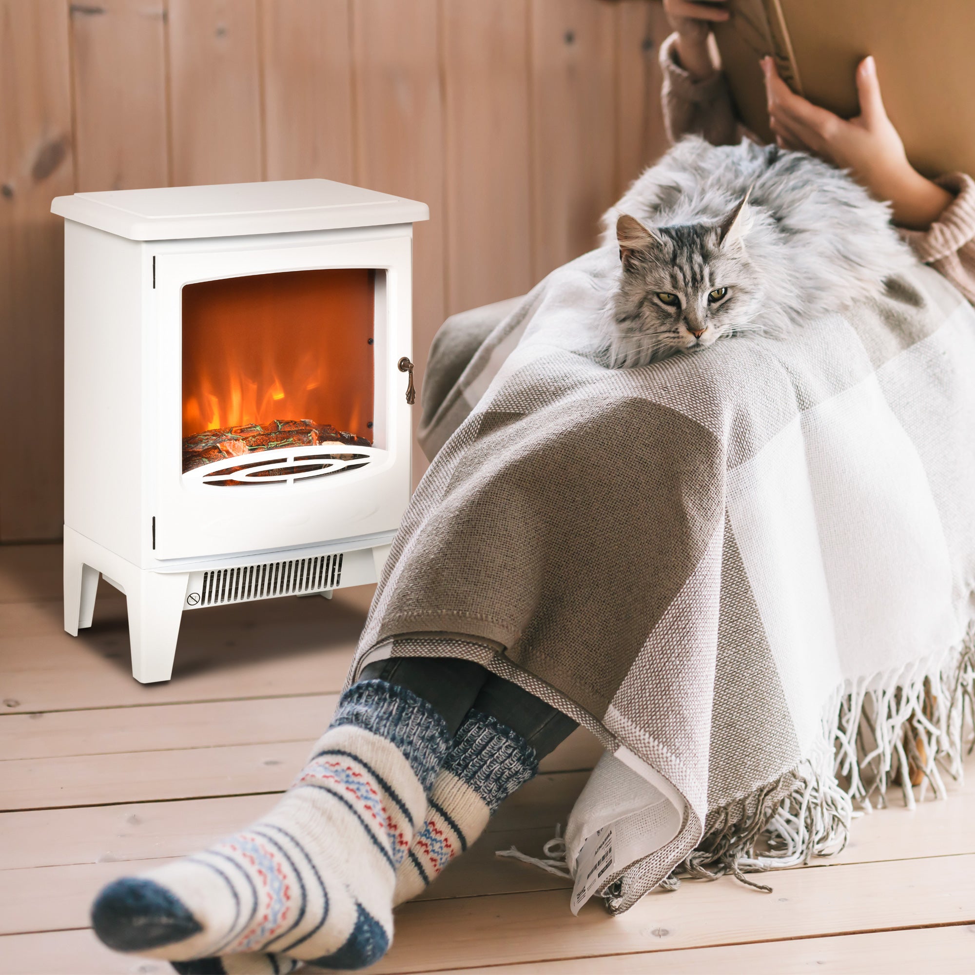 HOMCOM Electric Fireplace Stove, Free standing Fireplace Heater with Realistic Flame Effect, Overheat Safety Protection, 900W/1800W, White-8