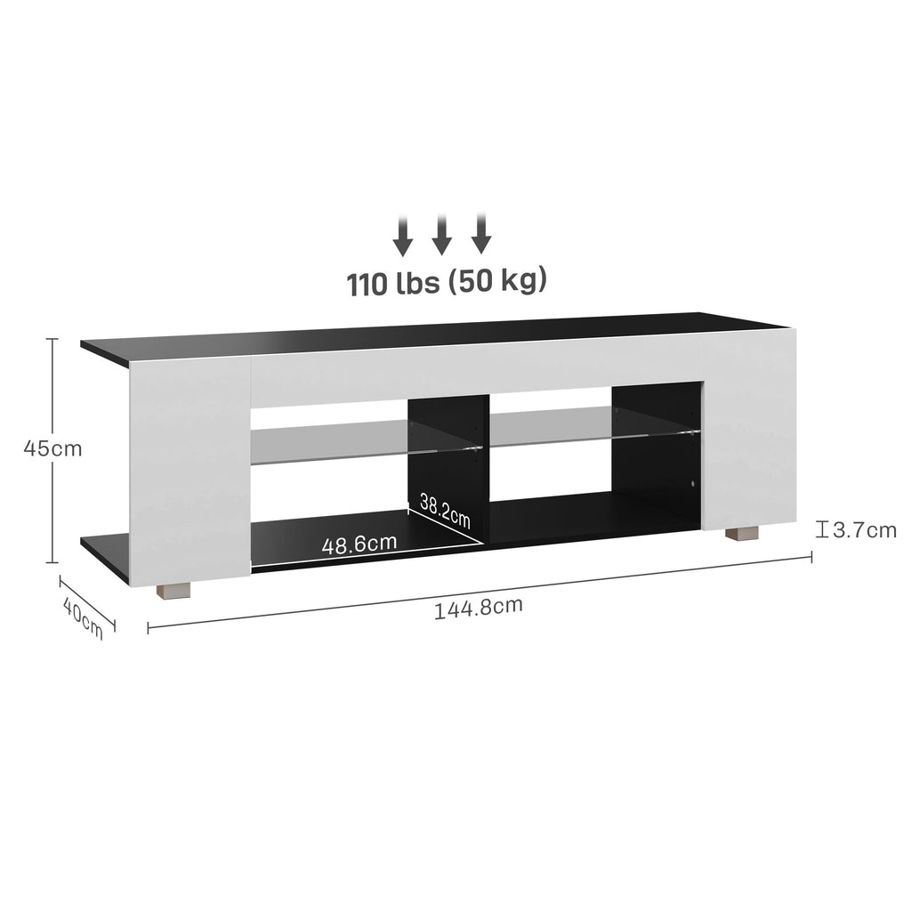HOMCOM TV Stand, 145cm Modern TV Unit with Glass Shelves, RGB LED Light for 32 40 43 50 52 55 60 inch 4k TV in White-1