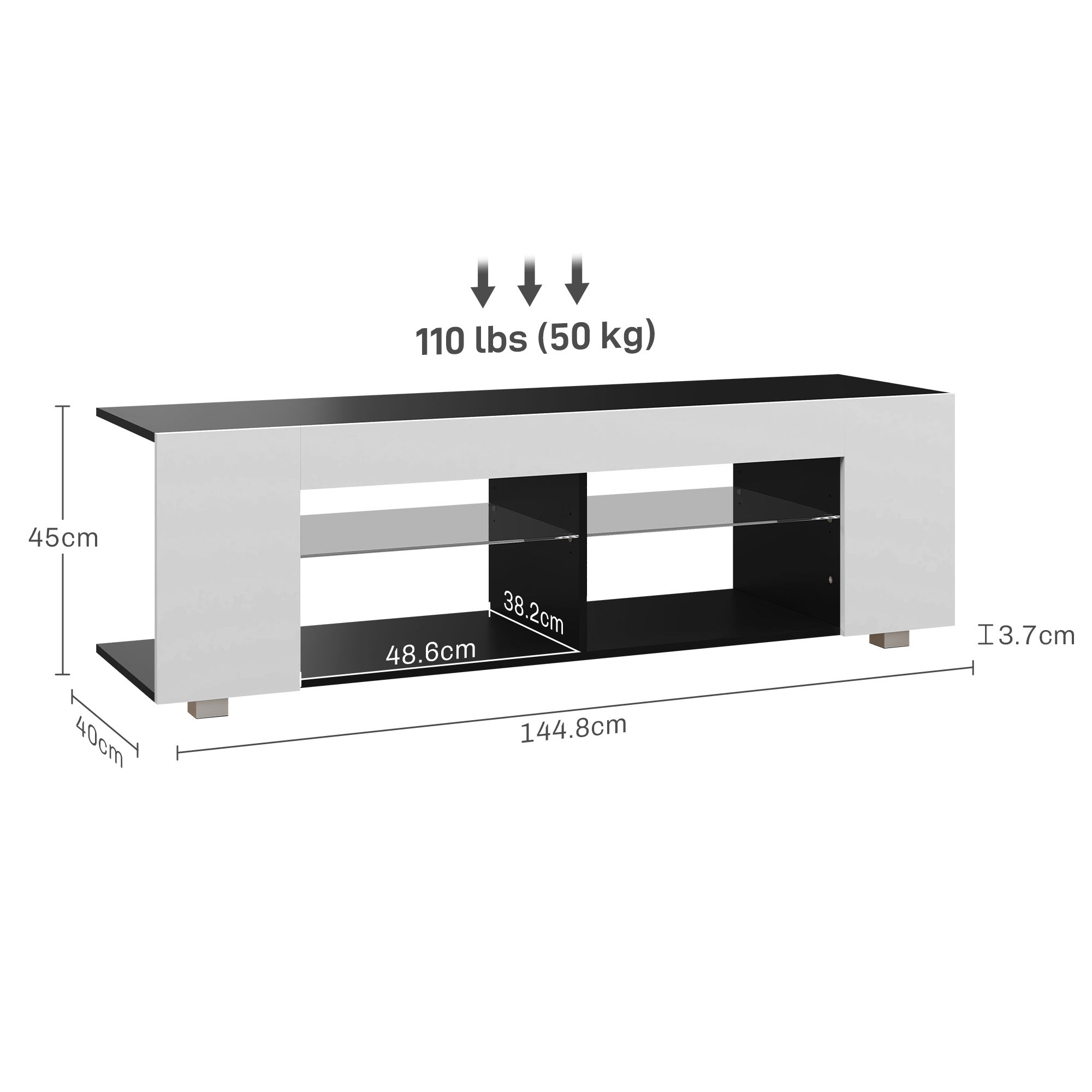 HOMCOM TV Stand, 145cm Modern TV Unit with Glass Shelves, RGB LED Light for 32 40 43 50 52 55 60 inch 4k TV in White-1