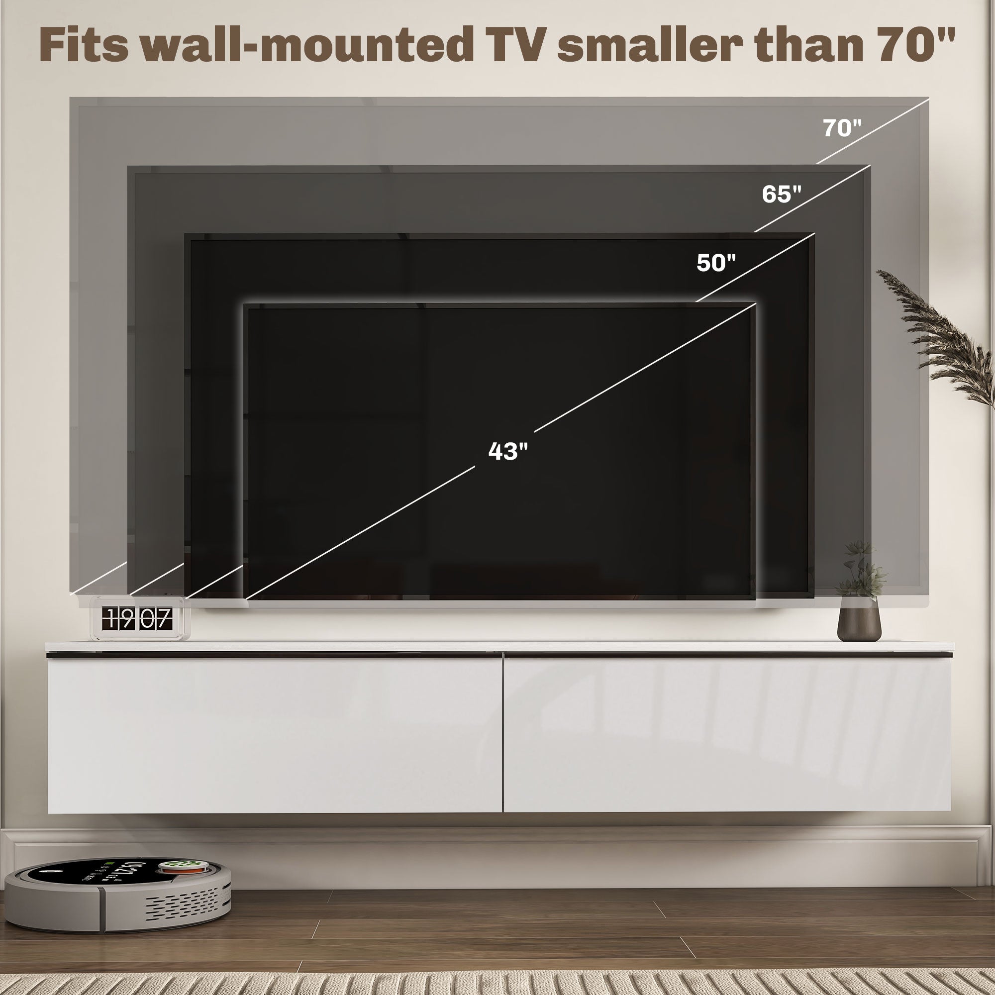 160cm High Gloss Floating TV Unit Stand for TVs up to 70", Wall Mounted TV Cabinet with Storage Cupboards in White by HOMCOM-4