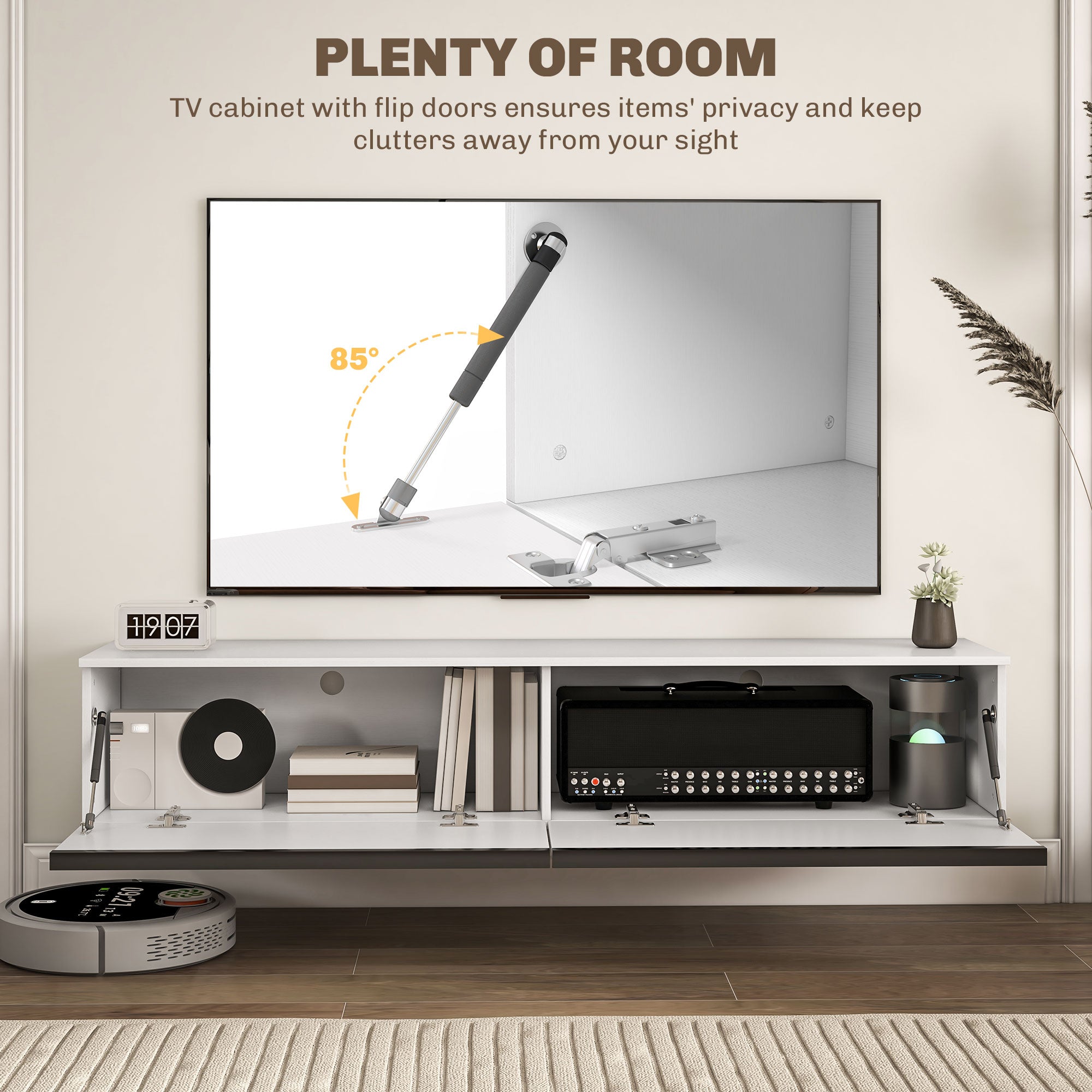 160cm High Gloss Floating TV Unit Stand for TVs up to 70", Wall Mounted TV Cabinet with Storage Cupboards in White by HOMCOM-3