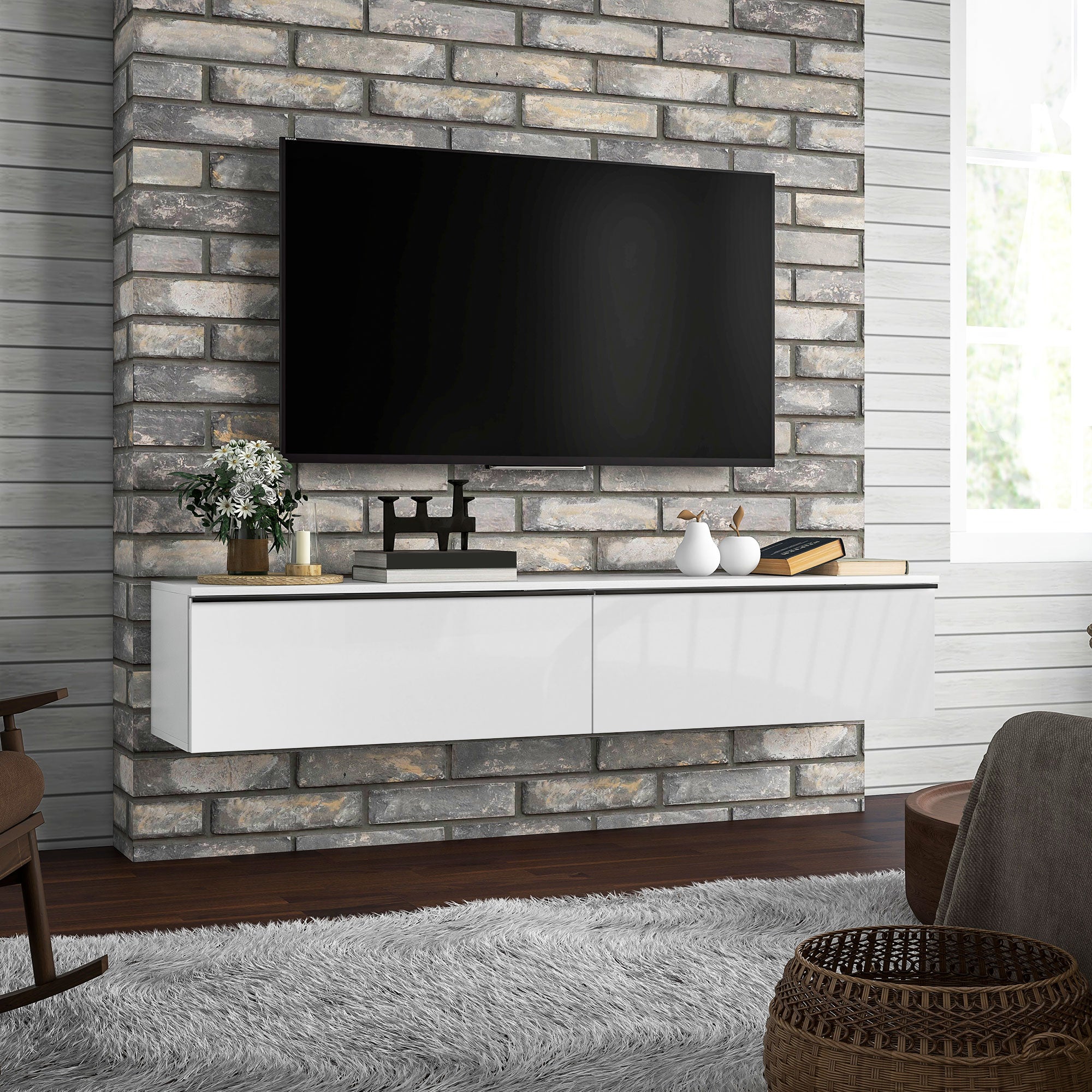 160cm High Gloss Floating TV Unit Stand for TVs up to 70", Wall Mounted TV Cabinet with Storage Cupboards in White by HOMCOM-8
