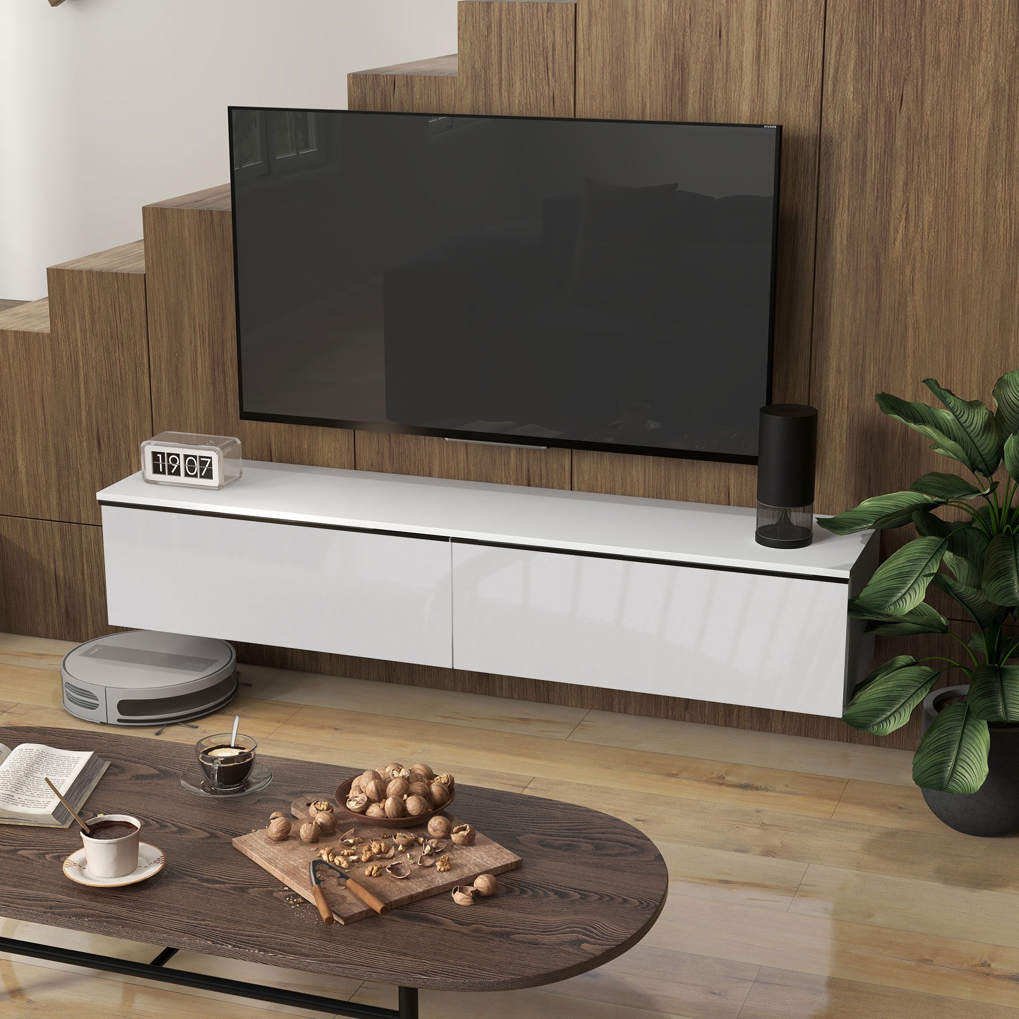 160cm High Gloss Floating TV Unit Stand for TVs up to 70", Wall Mounted TV Cabinet with Storage Cupboards in White by HOMCOM-5