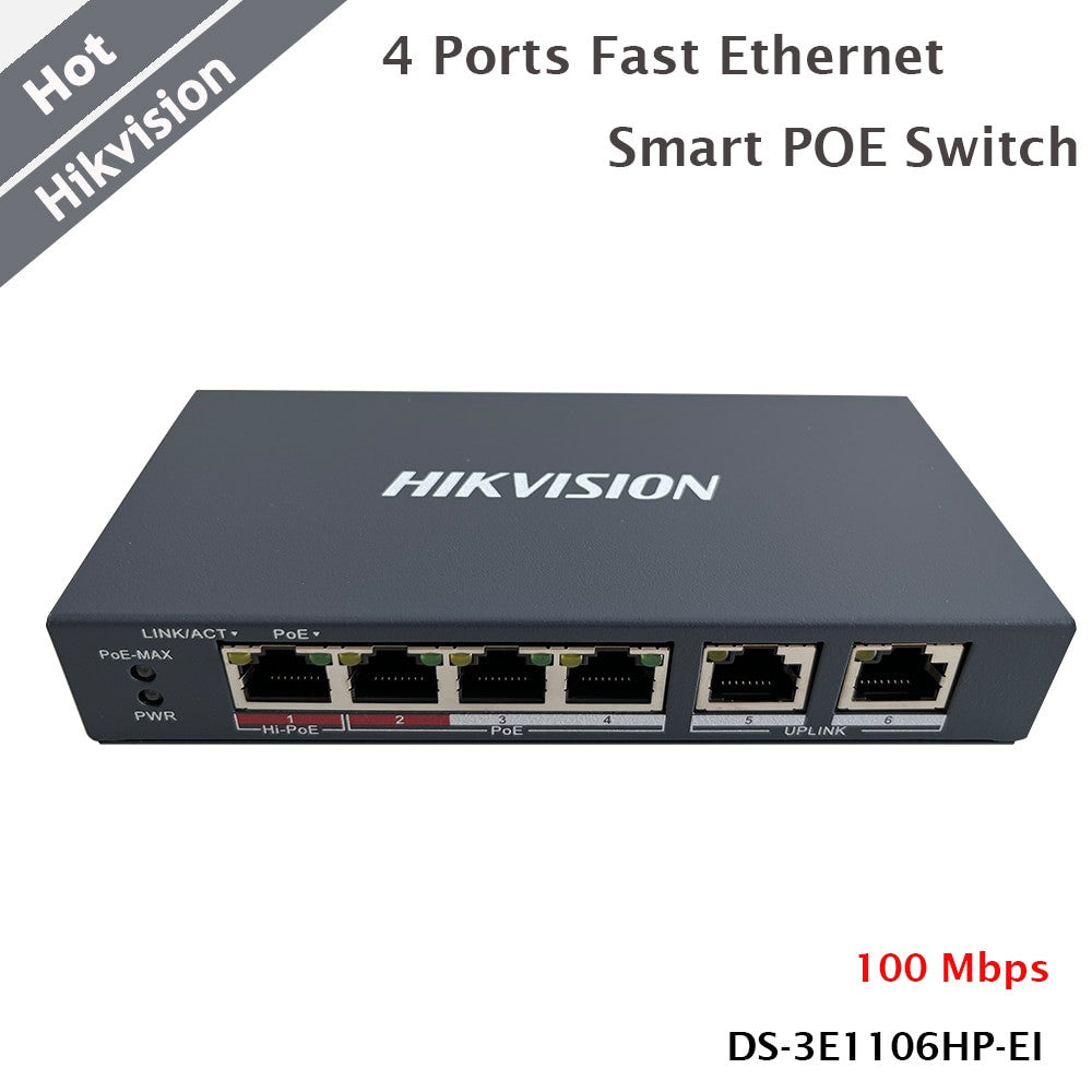Hikvision 4 Ports Fast Ethernet Smart POE Switch 100 Mbps Network and PoE RJ45-0