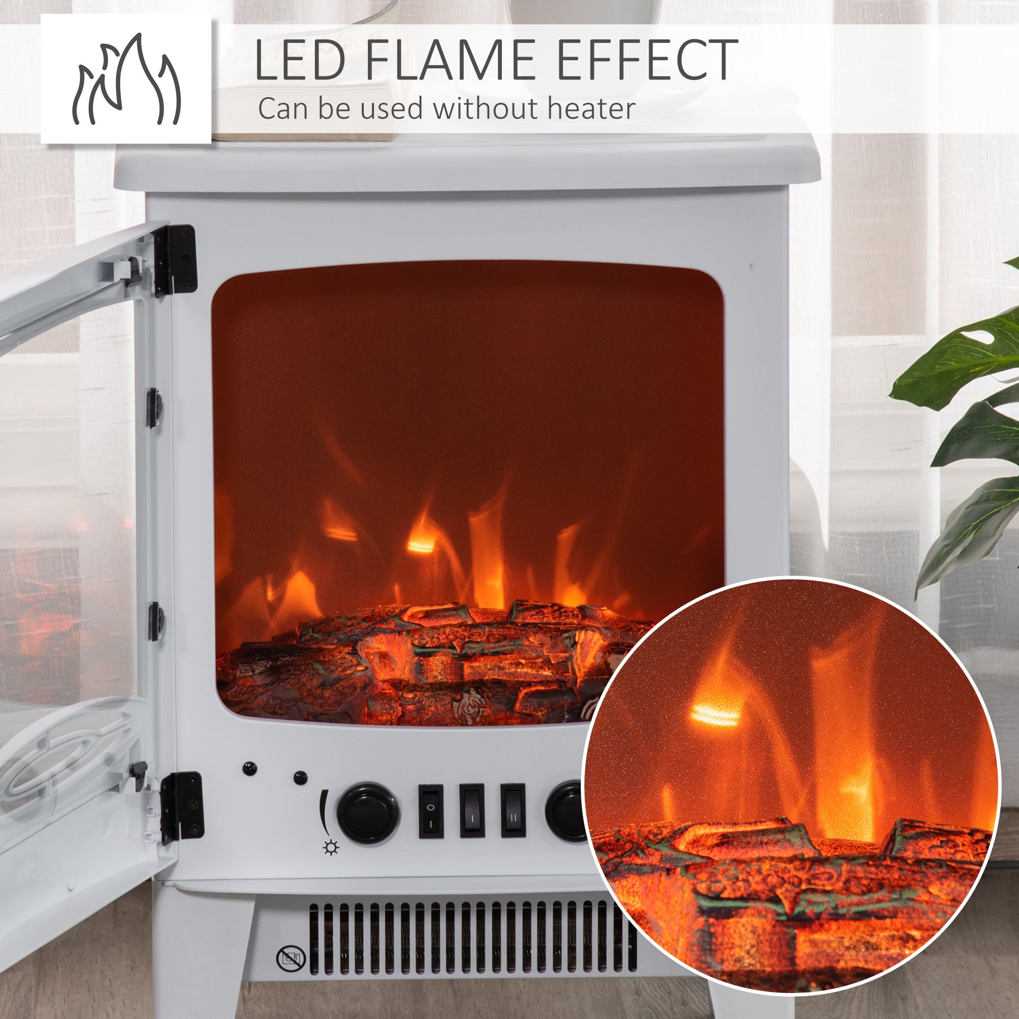 HOMCOM Electric Fireplace Stove, Free standing Fireplace Heater with Realistic Flame Effect, Overheat Safety Protection, 900W/1800W, White-2