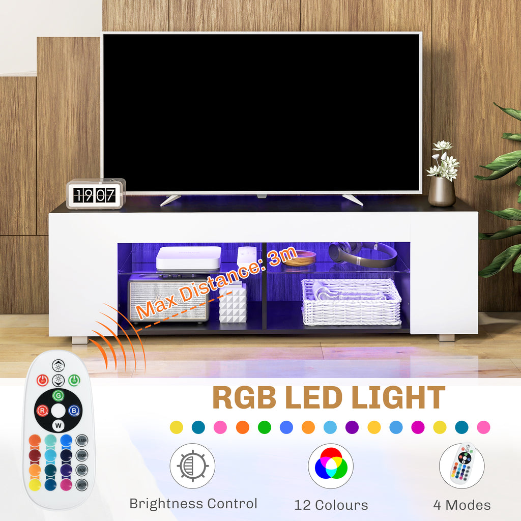 HOMCOM TV Stand, 145cm Modern TV Unit with Glass Shelves, RGB LED Light for 32 40 43 50 52 55 60 inch 4k TV in White-2