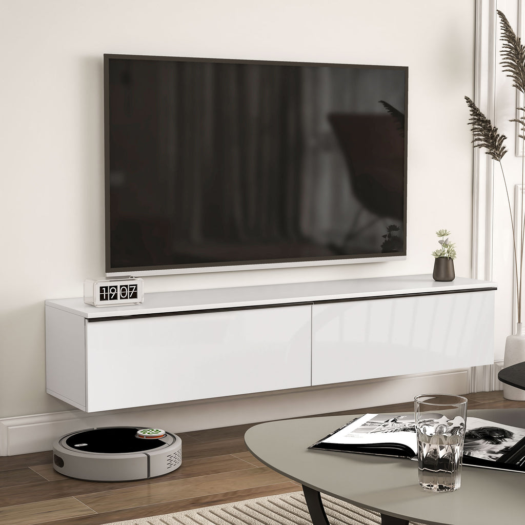 160cm High Gloss Floating TV Unit Stand for TVs up to 70", Wall Mounted TV Cabinet with Storage Cupboards in White by HOMCOM-6