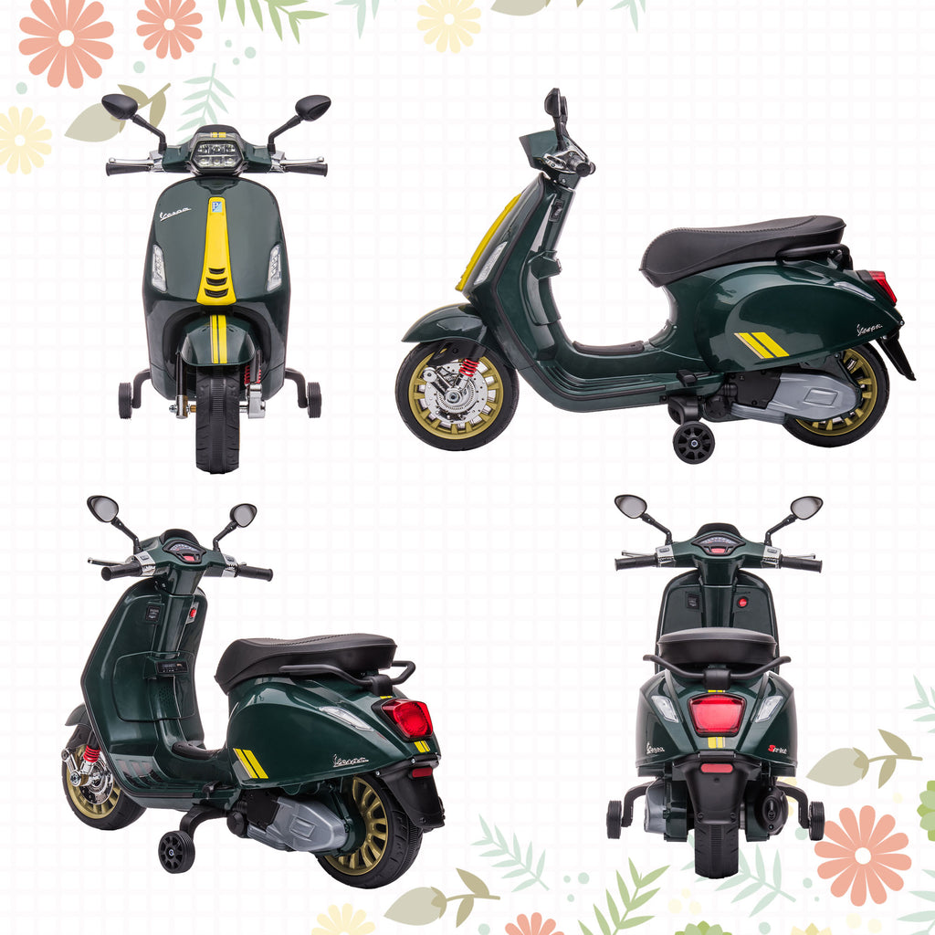 AIYAPLAY 12V Vespa Licensed Kids Electric Scooter Motorbike with Music, Headlights, FM Radio, for 3-6 Years in Green-6