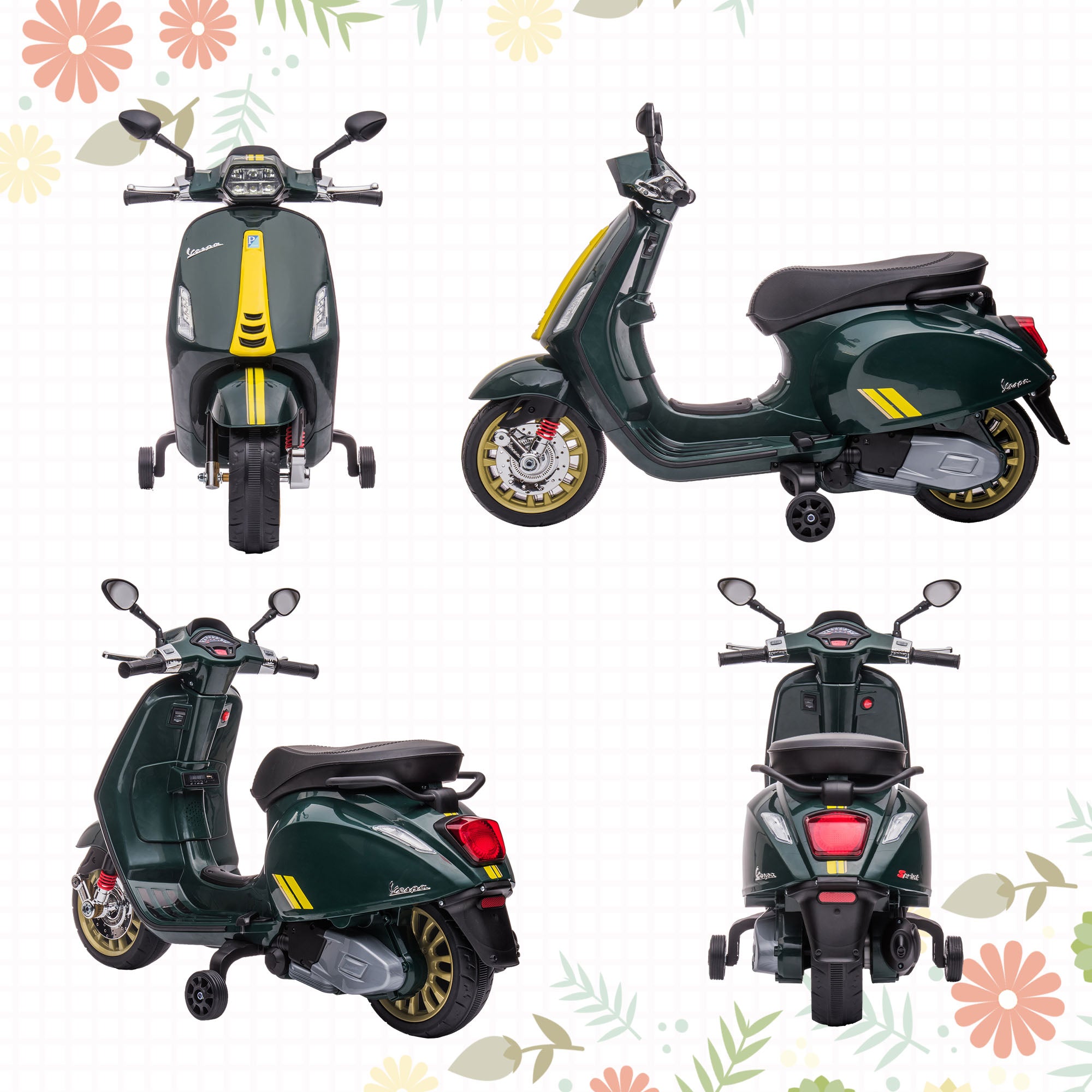 AIYAPLAY 12V Vespa Licensed Kids Electric Scooter Motorbike with Music, Headlights, FM Radio, for 3-6 Years in Green-6