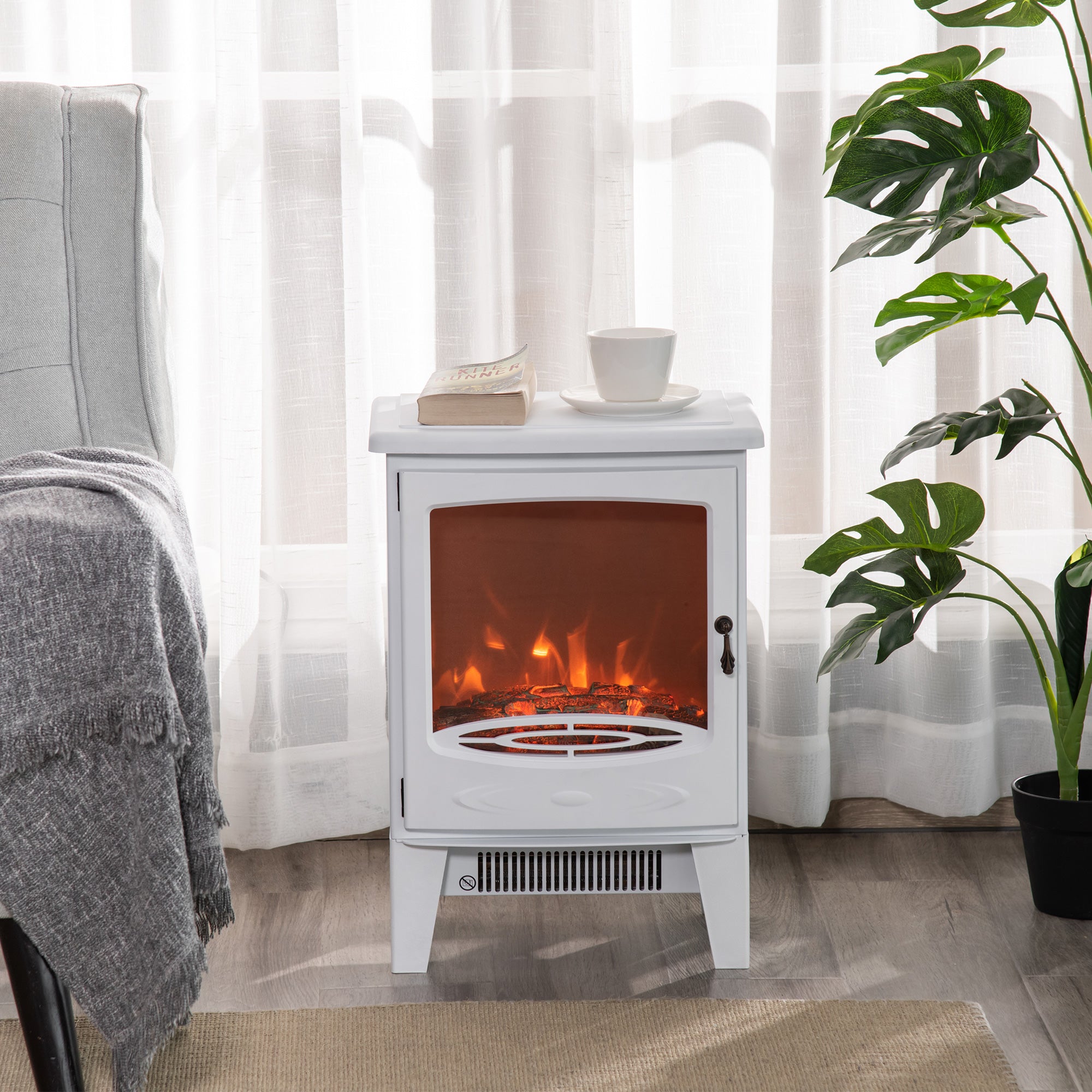 HOMCOM Electric Fireplace Stove, Free standing Fireplace Heater with Realistic Flame Effect, Overheat Safety Protection, 900W/1800W, White-5