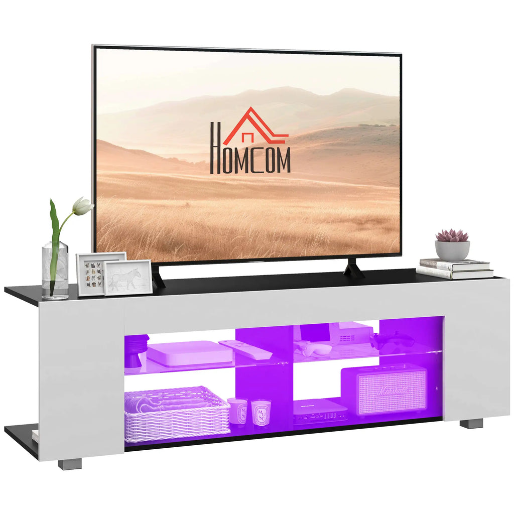 HOMCOM TV Stand, 145cm Modern TV Unit with Glass Shelves, RGB LED Light for 32 40 43 50 52 55 60 inch 4k TV in White-0