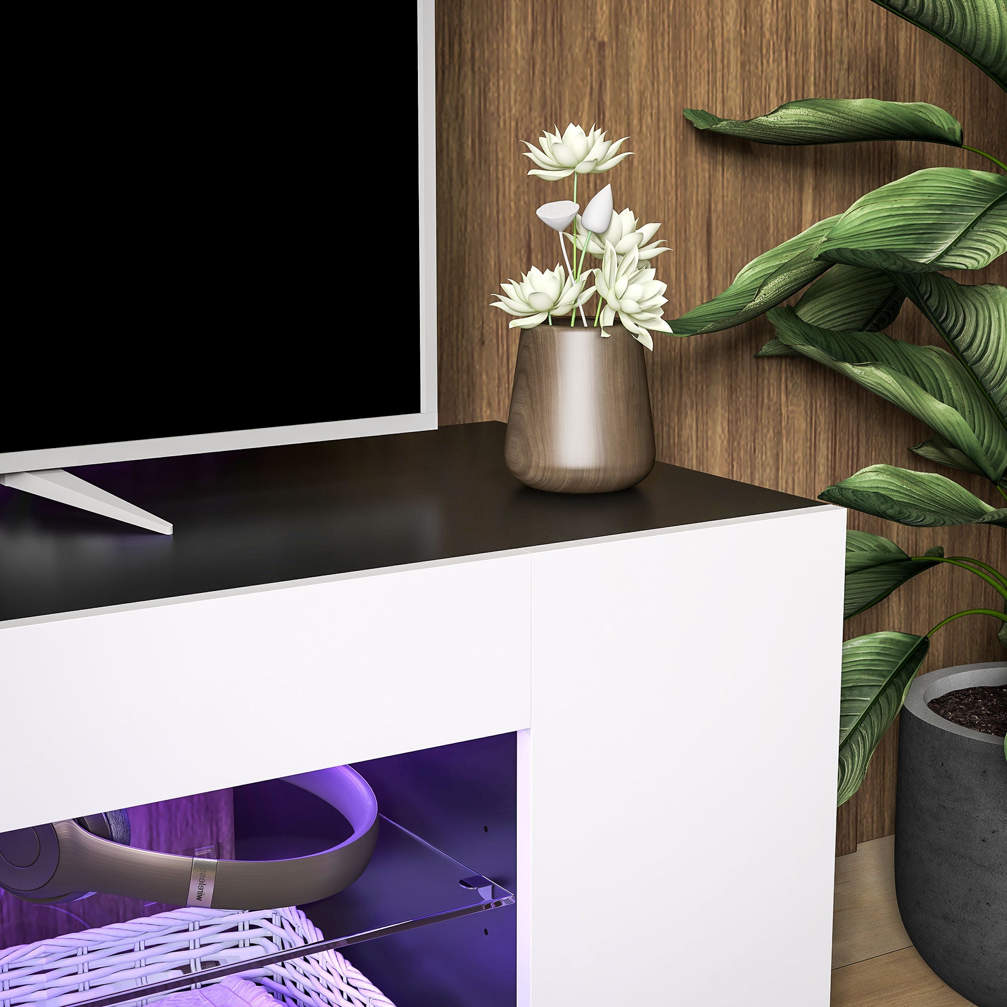 HOMCOM TV Stand, 145cm Modern TV Unit with Glass Shelves, RGB LED Light for 32 40 43 50 52 55 60 inch 4k TV in White-6