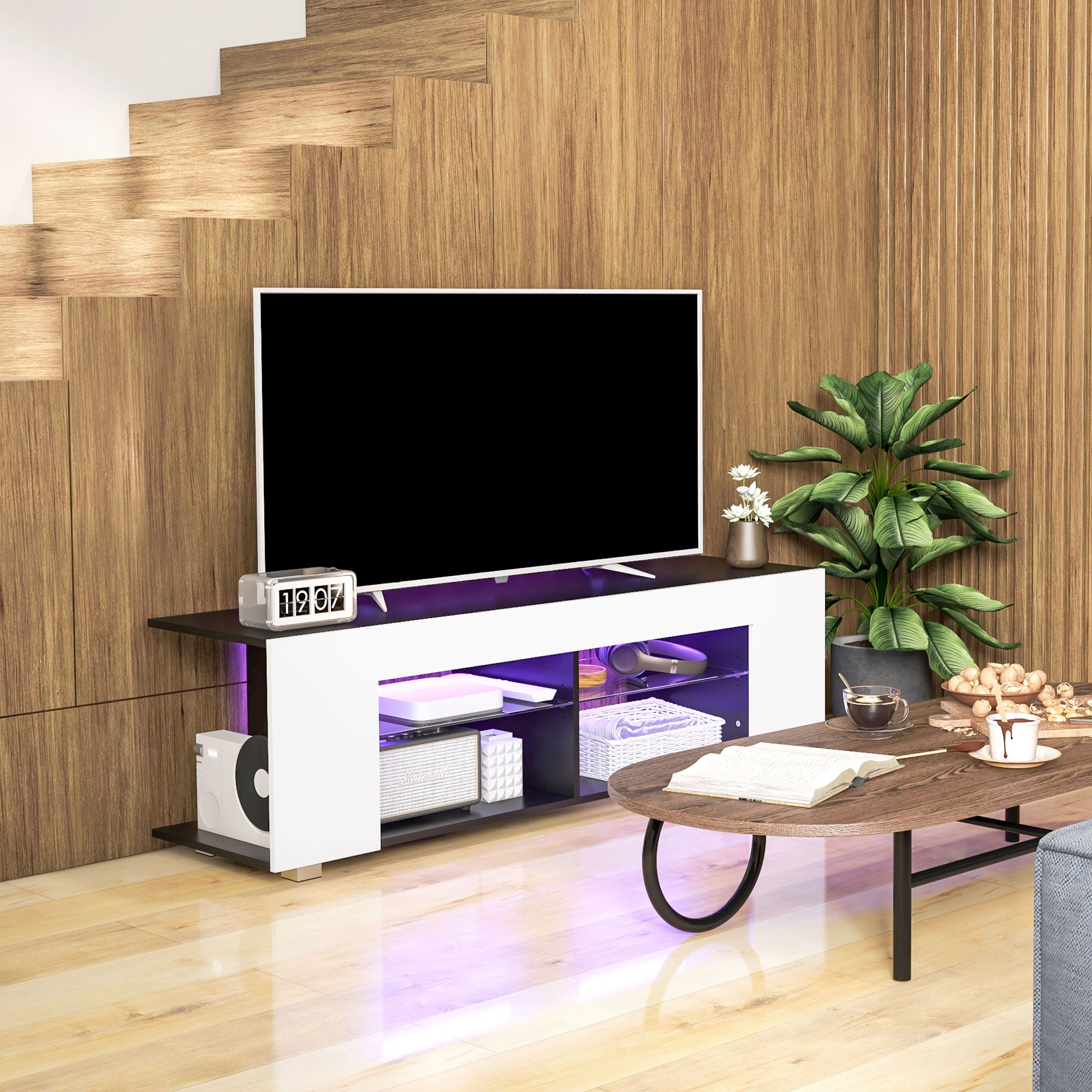 HOMCOM TV Stand, 145cm Modern TV Unit with Glass Shelves, RGB LED Light for 32 40 43 50 52 55 60 inch 4k TV in White-5